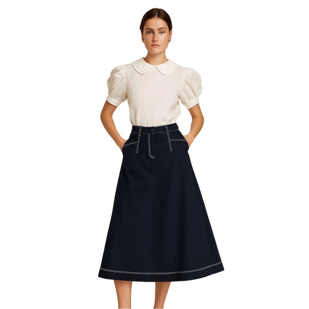 Cotton Navy Maxi A-Line Skirt Elegant Old Money Office Preppy - Picture 1 of 9